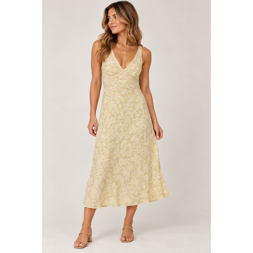 Theory Dress Size 0 Yellow Paisley Silk Blend Midi 90s Vintage Fairy Cottagecore